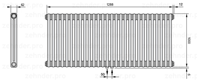 Схема (чертеж) Радиатор Zehnder Charleston 2100/28 №5410 Белый глянцевый RAL 9016